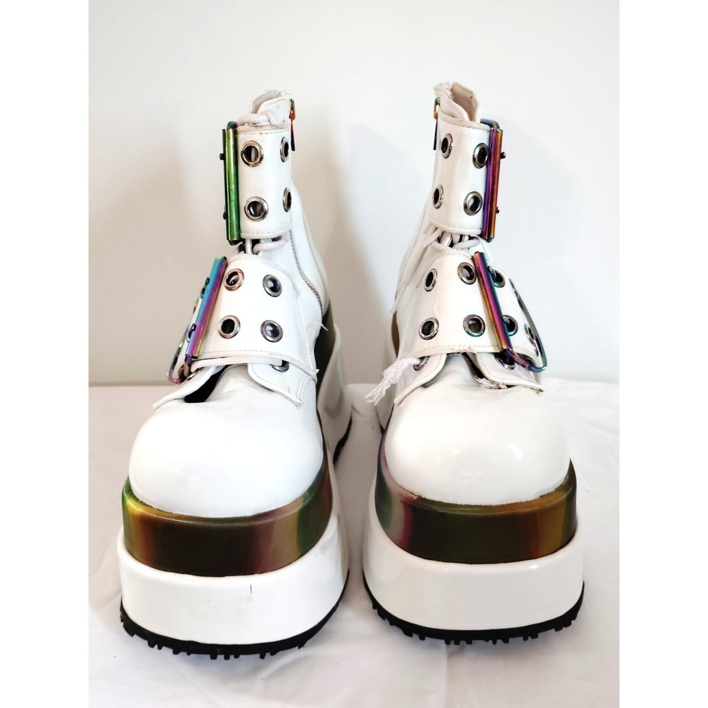 Demonia Bear 104 White Iridescent Oilslick Platform Ankle Grunge Boots Women 9**